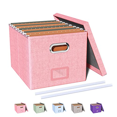 Oterri File Storage Organizer Box,Filing Box,Portable File Box with Lid,Fit  for Letter/Legal File Folder Storage, Easy Slide Durable Hanging File Box  for Office/Decor/Home,1 Pack,Pink-Box only