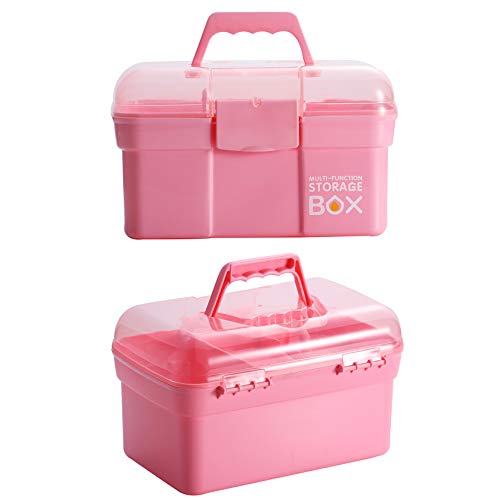 11'' Plastic Storage Box with Removable Tray, Multipurpose Organizer and Storage Case for Art Craft and Cosmetic (Pink)