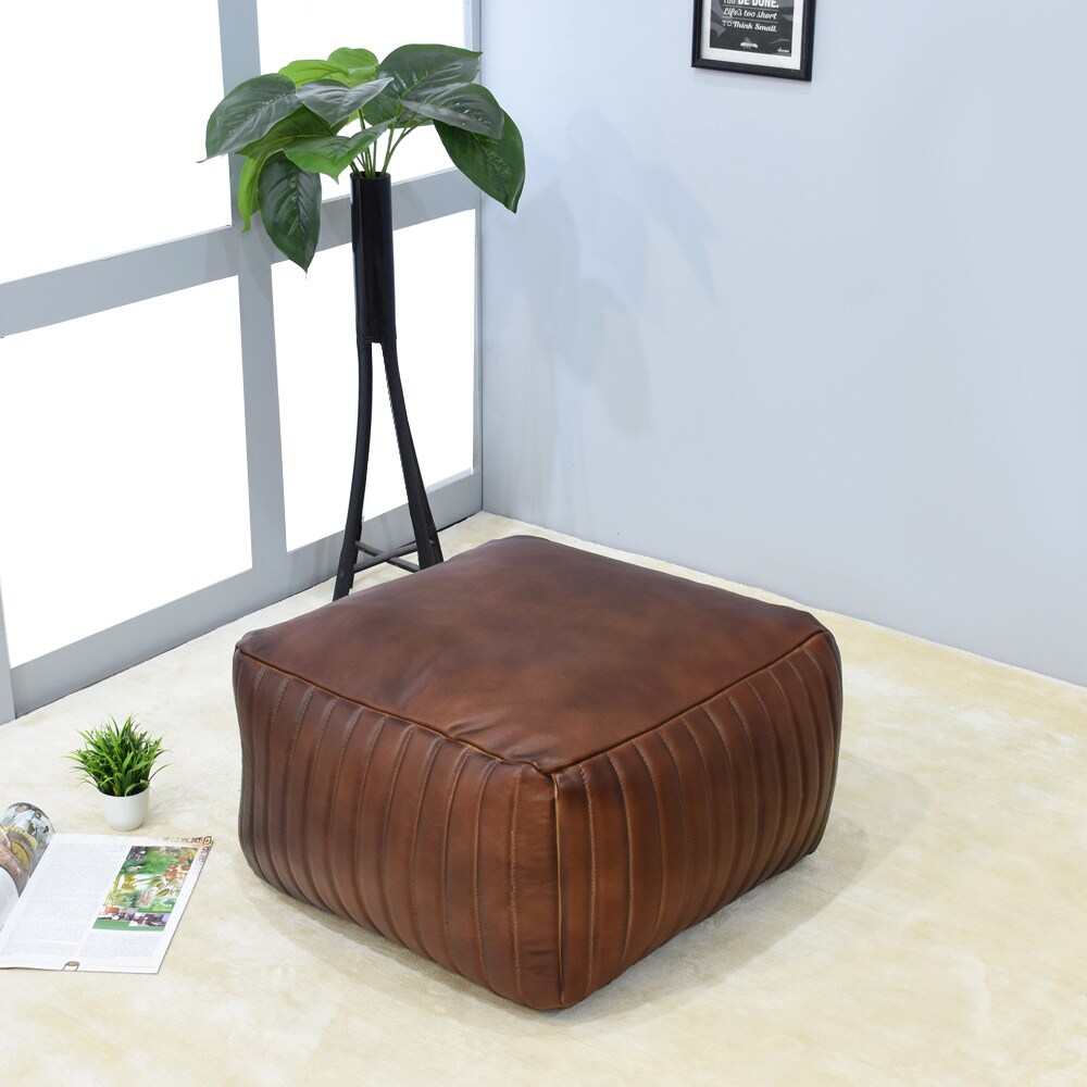 BBH Homes   Handmade Beige Round Shaped Leather Pouf Ottomans BBBACPF0008