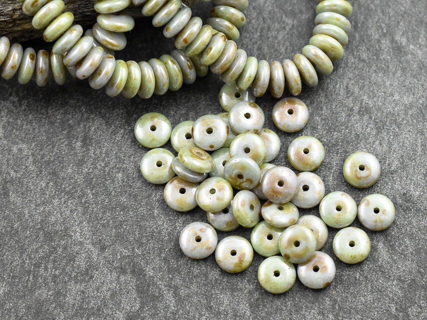 *50* 6x2mm Sage Green Luster Picasso Smooth Rondelle Beads