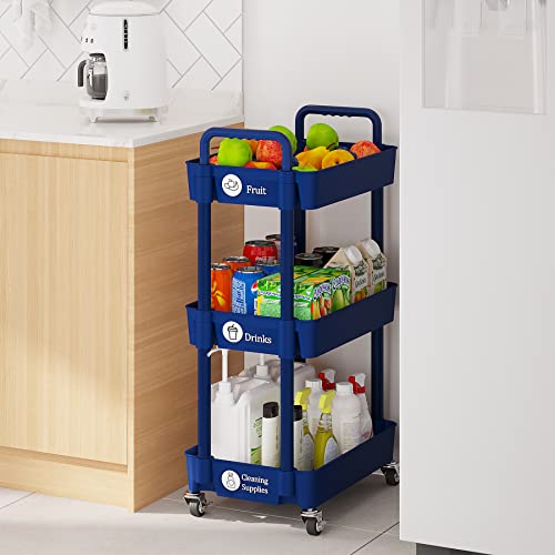 Laiensia 3-Tier Storage Cart,Multifunction Kitchen Storage Organizer,Mobile  Shelving Unit Utility Rolling Cart with Lockable Wheels for