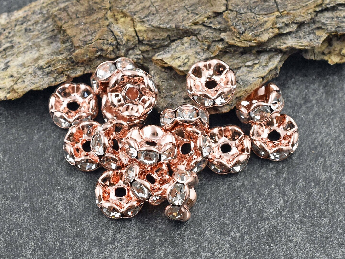 Rose Gold w/ Crystal Rhinestone Wavy Edge Rondelle Spacer Beads