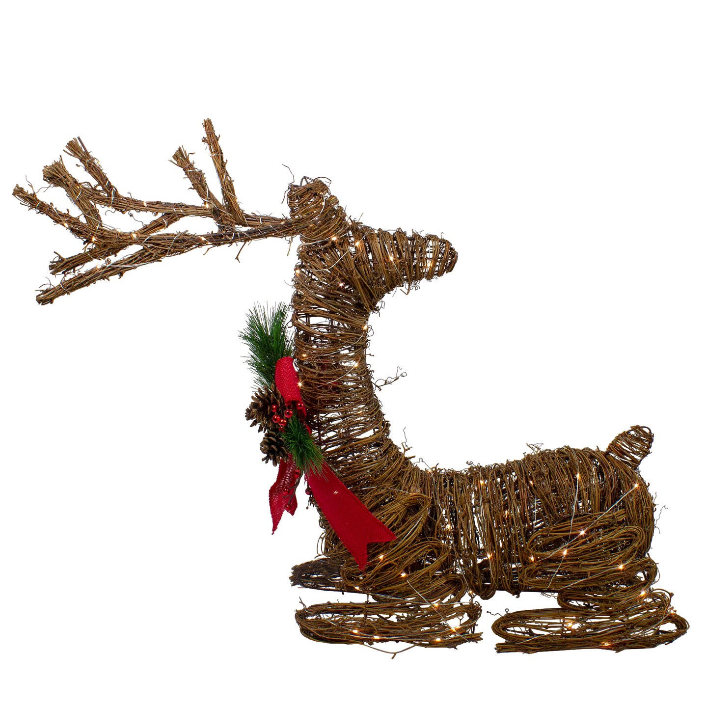 Northlight 30" Brown Lighted Rattan Reindeer with Red Bow and Pine Cones Christmas Outdoor Decoration