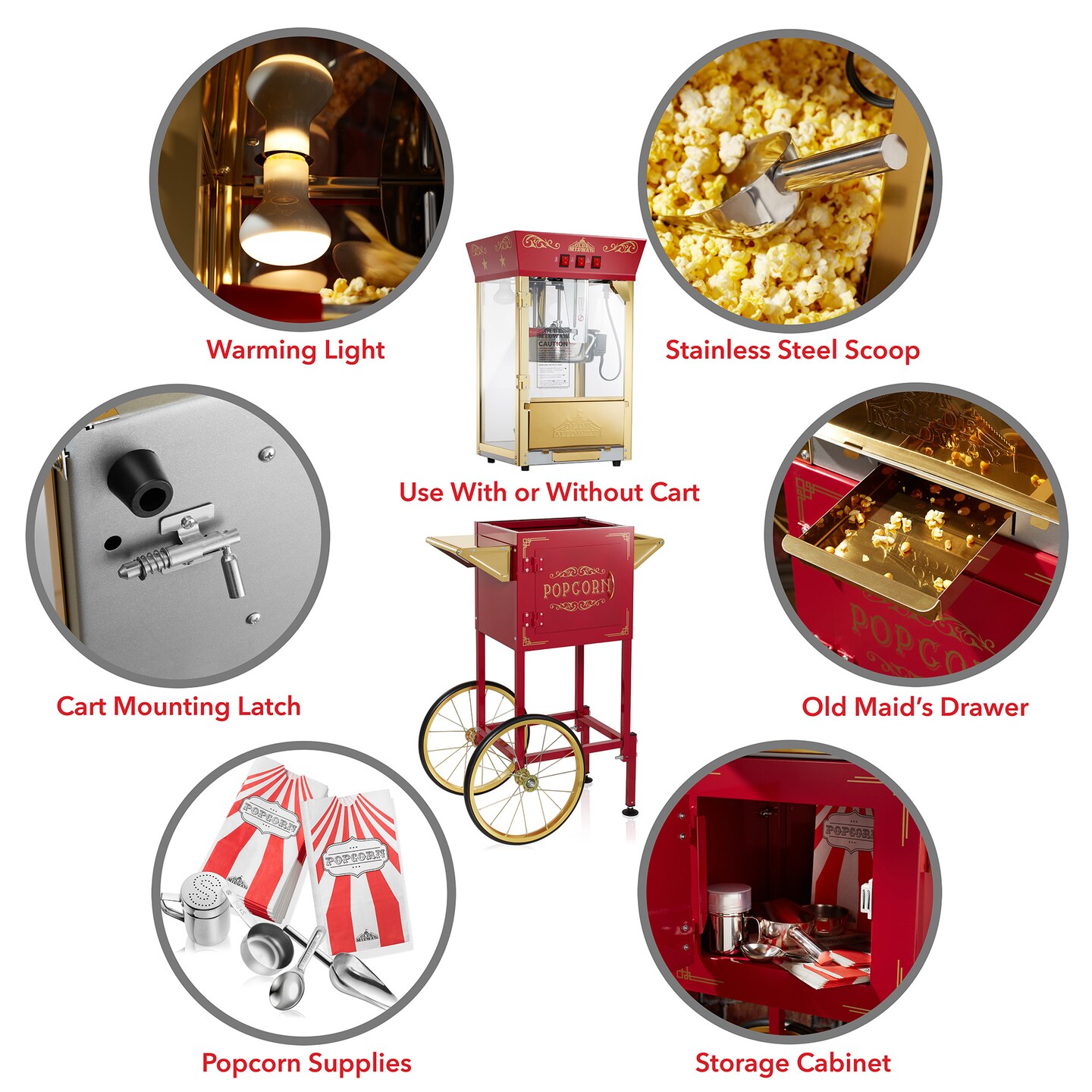 Olde Midway Movie Theater-Style Popcorn Machine Maker with Cart and 8-Ounce Kettle, Vintage-Style Popper on Wheels