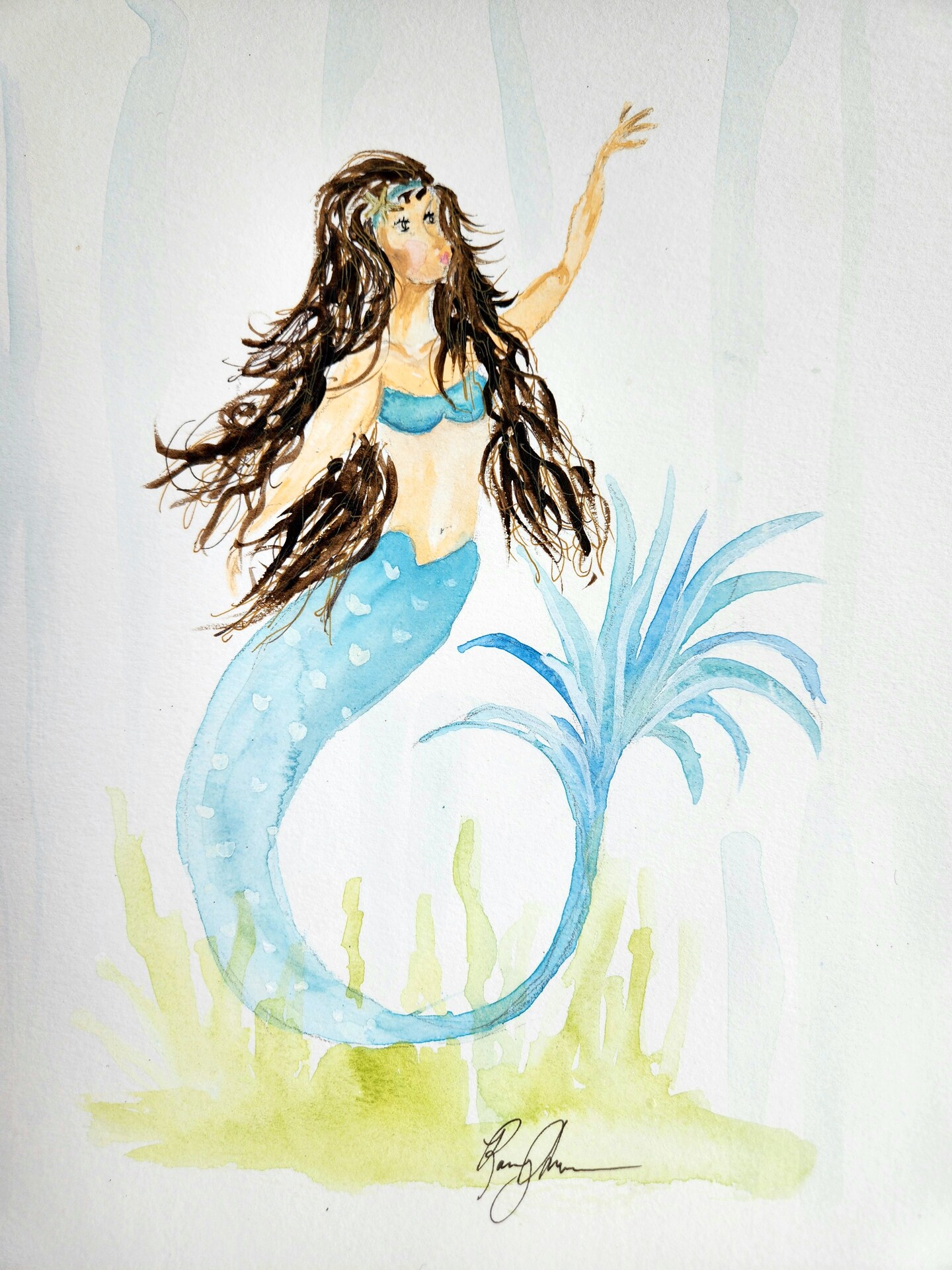 Dark Haired Mermaid Watercolor Print, Fantasy Sea Life Art, Mermaid Art,  Beach House Art, Coastal Walk Decor, Sea Creature Art