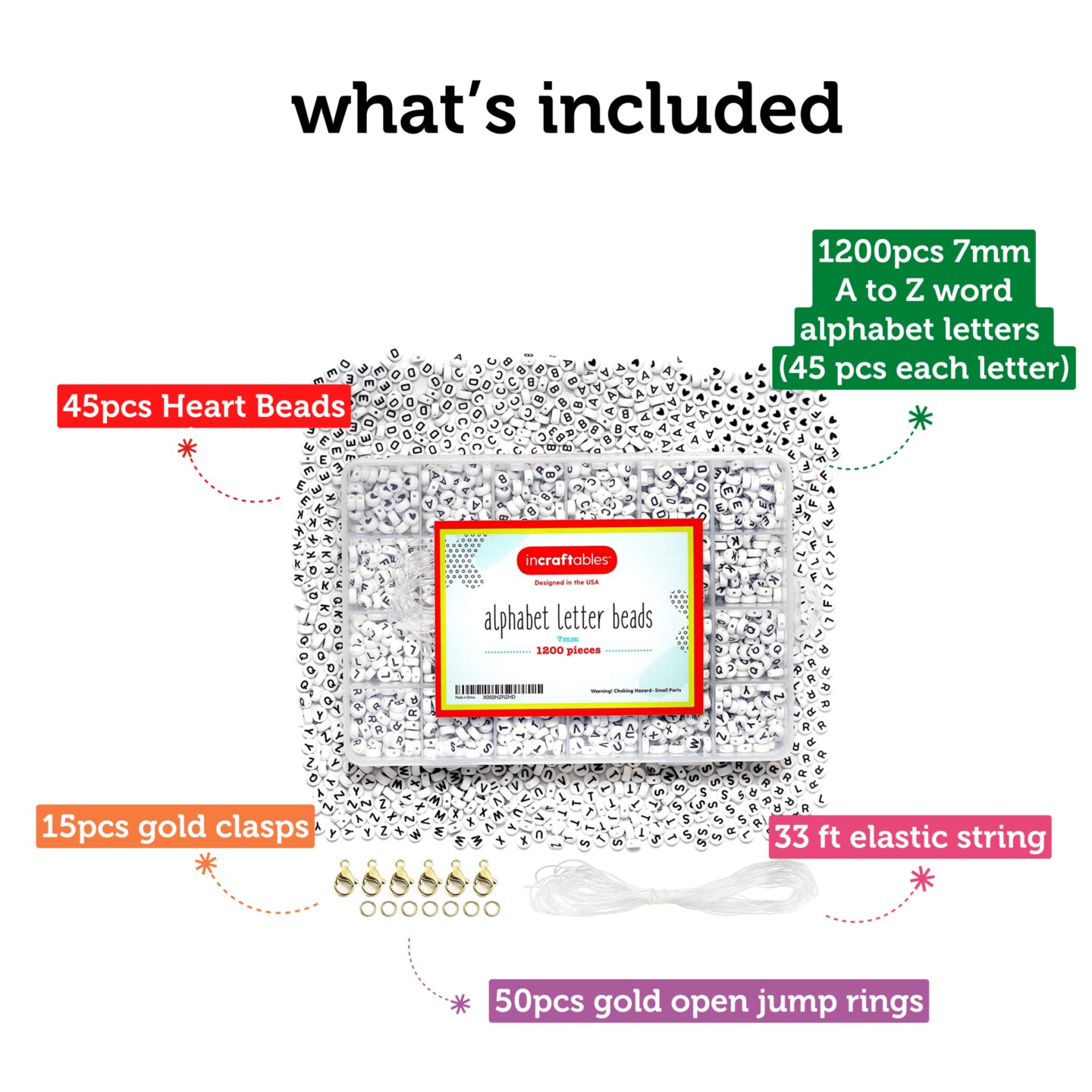 Incraftables 1200pcs Round Letter Beads for Jewelry Making (7mm). A-Z Letters Black Alphabet for DIY Friendship Bracelets & Crafts. ABC Circle & Heart Bead w/ Elastic String, Clasps & Organizer Box