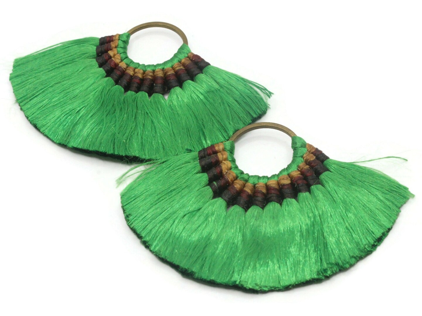2 3.25 Inch Green with Multi-Color Thread Fan Tassel Pendants