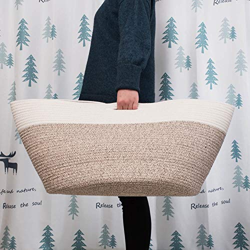 MINTWOOD Design Extra Large 22 x14 Inches Decorative Woven Cotton Rope Basket, Laundry Basket, Blanket Basket, Dog Toy Storage Baskets Bin, Laundry Hamper, Towel Basket, Light Brown