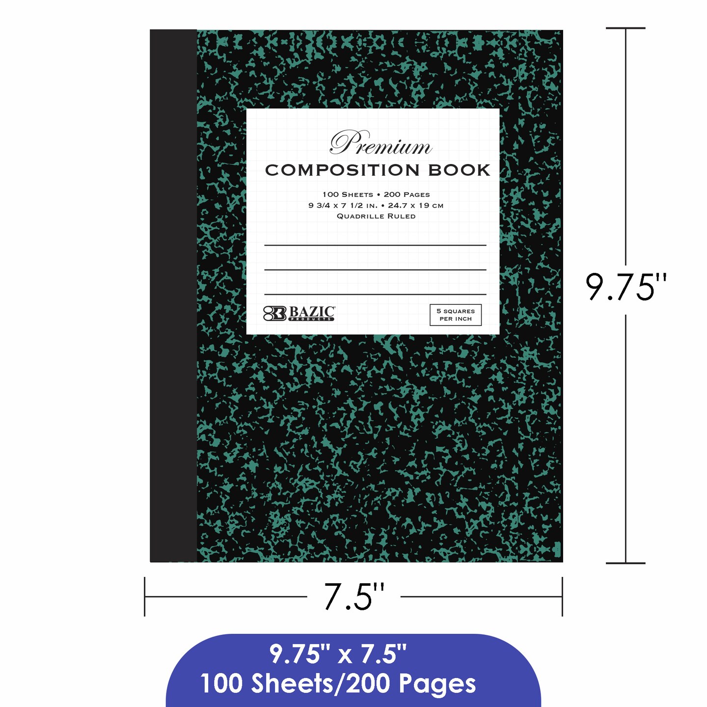 BAZIC Composition Book 5-1" Quad-Ruled Premium Marble 100 Ct.