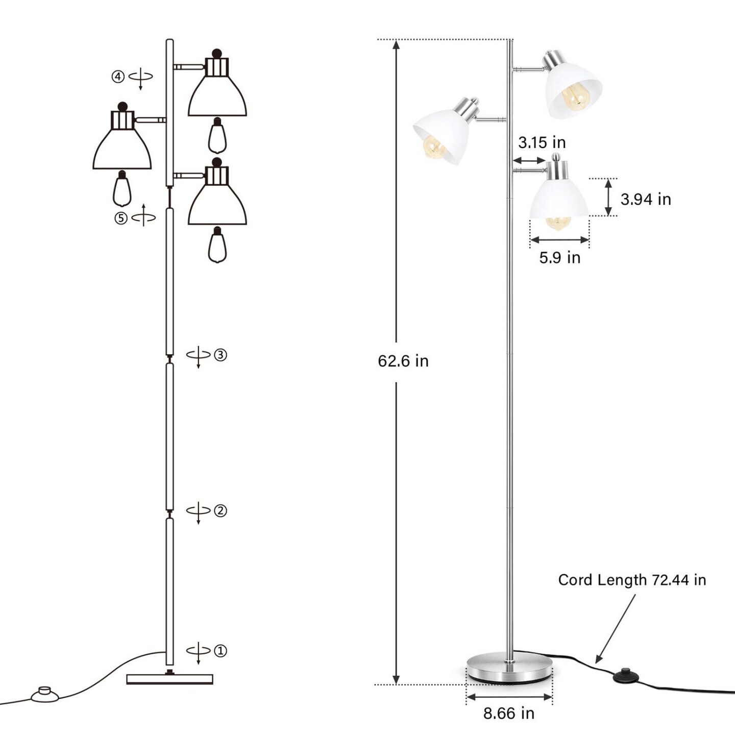 Modern Floor Lamp, Standing Lamp with 3-Head Shade for Living Room, Bedroom