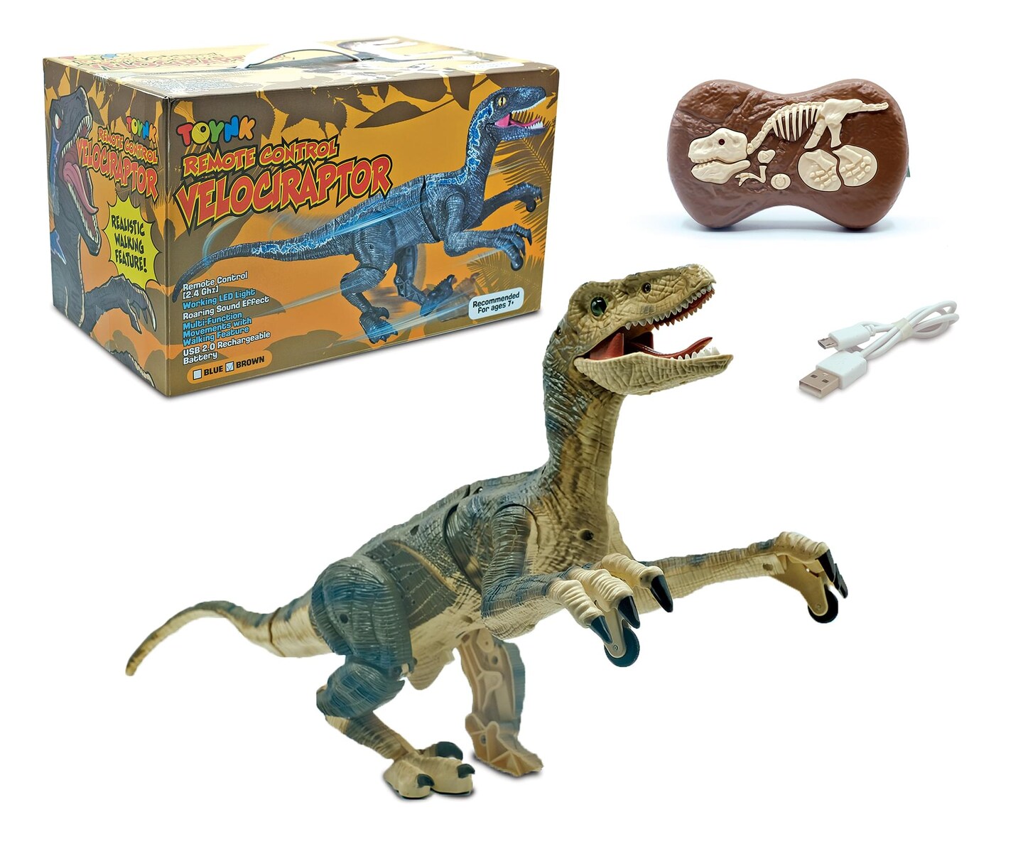 RC Dinosaur Velociraptor Toy with Realistic Walking and Sound Effects | Brown
