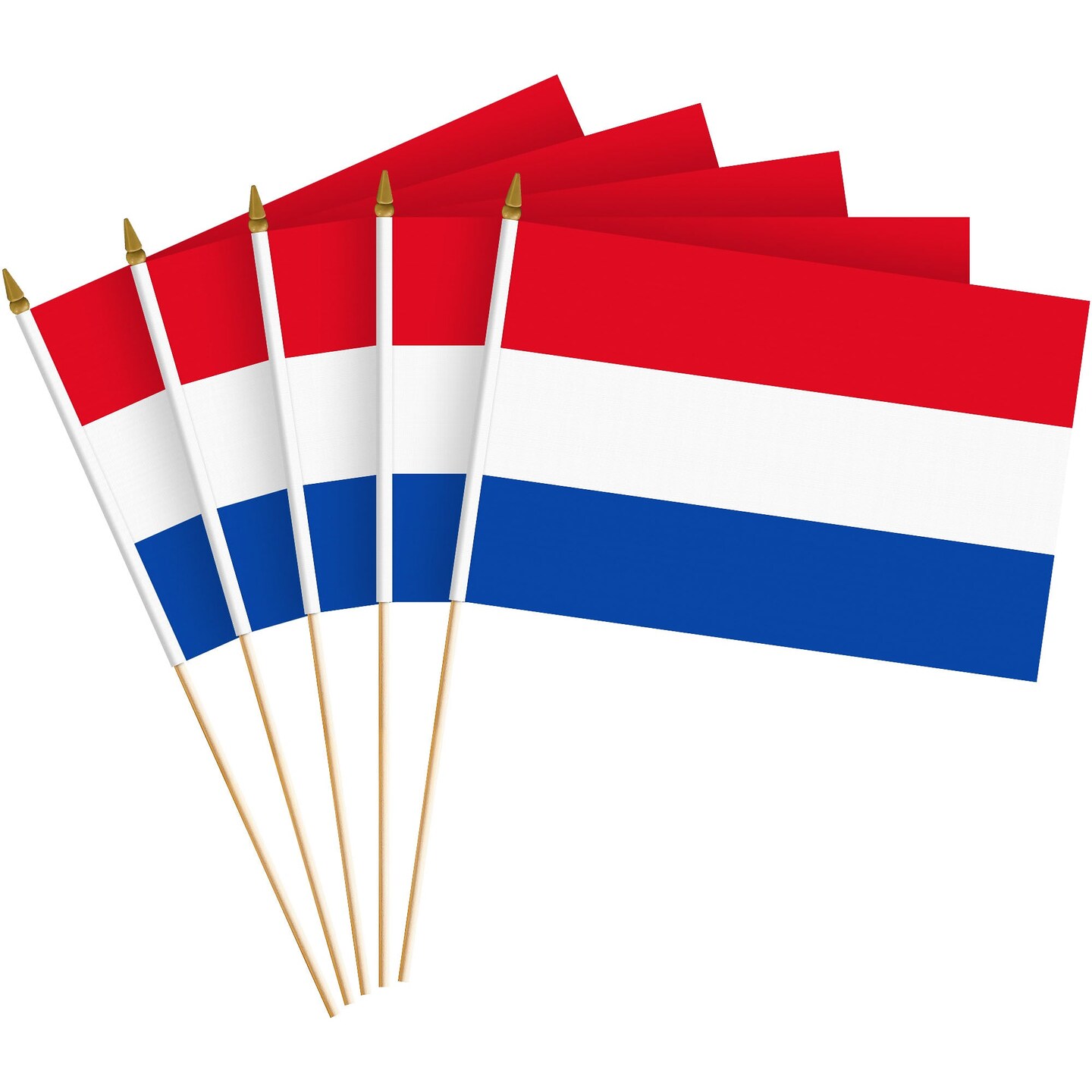 G128 12 Pack Handheld Netherlands Dutch Stick Flags | 8x12 In | Printed 150D Polyester, Country Flag, Solid Wooden Stick, Spear Gold Tip