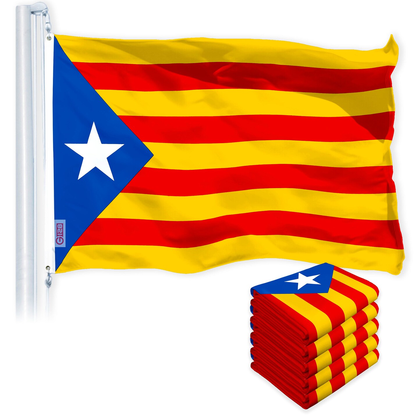 G128 5 Pack: Blue Estelada (Catalan) Flag | 3x5 feet | Printed 150D Indoor/Outdoor, Vibrant Colors, Brass Grommets, Quality Polyester, Much Thicker More Durable Than 100D 75D Polyester