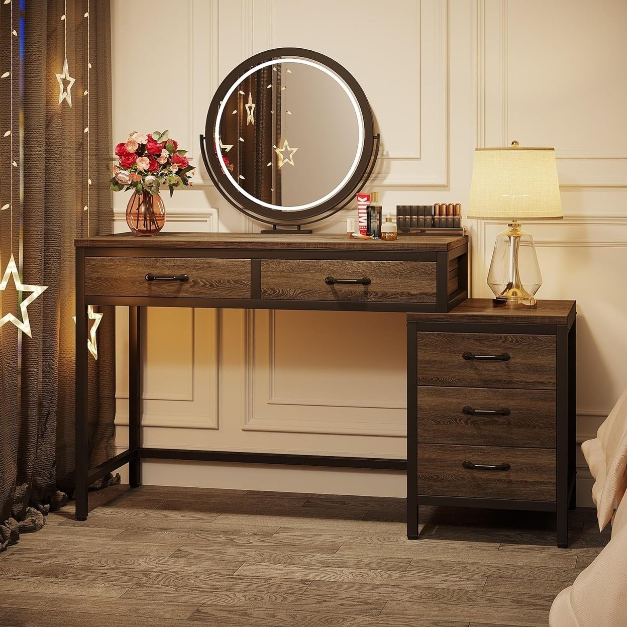 Tribesigns Vanity Desk With 5 Drawers Compact Makeup Table Rustic Brown Black