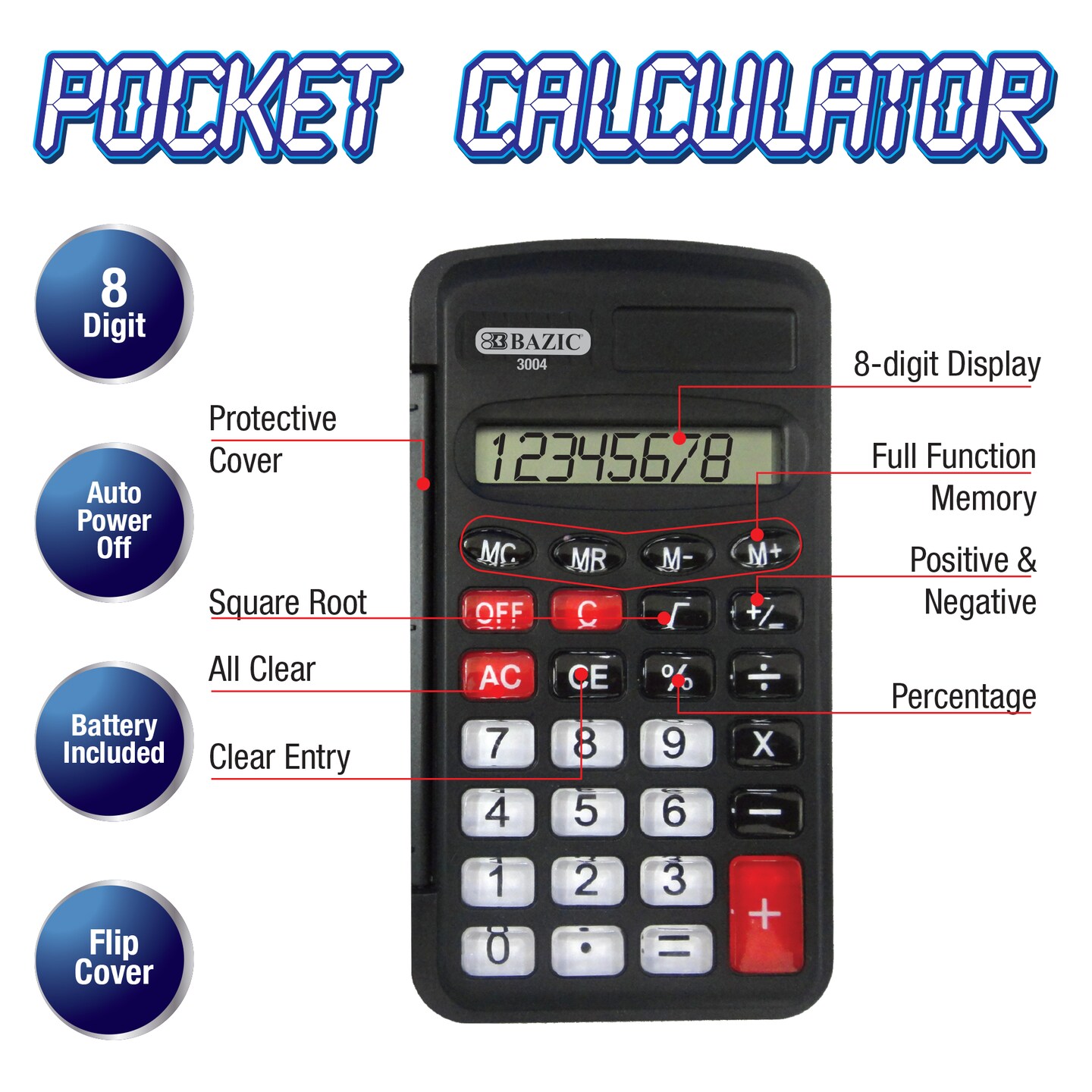 BAZIC Pocket Size Calculator 8-Digit w/ Flip Cover