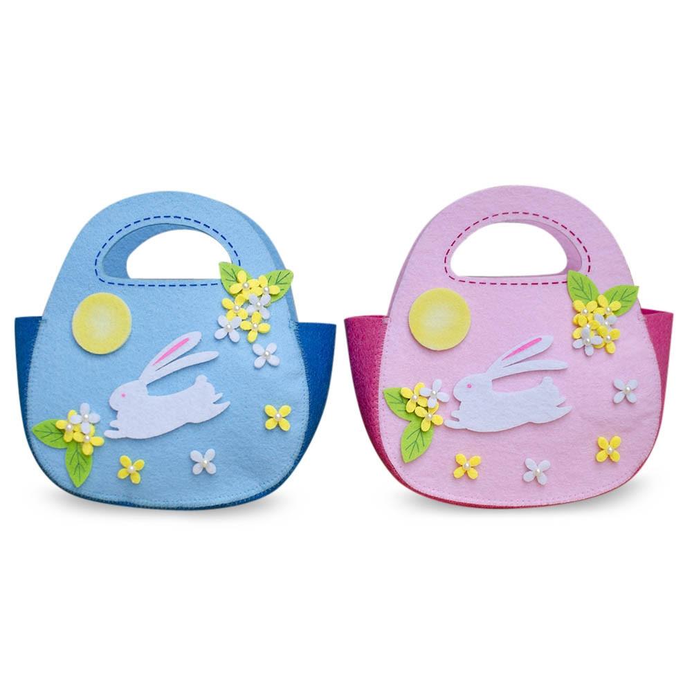 Set of 2 Easter Baskets White Bunnies Pink and Blue Felt Totes 7.5 Inches
