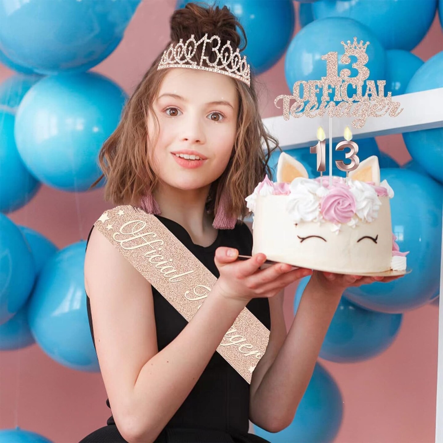 13th Birthday Decorations for Girls, Including 13th Birthday Crown/Tiara, Candles, Official Teenager Sash and Cake Toppers, Rose Gold Teen Girl Gifts for 13 Year Old Birthday Decorations