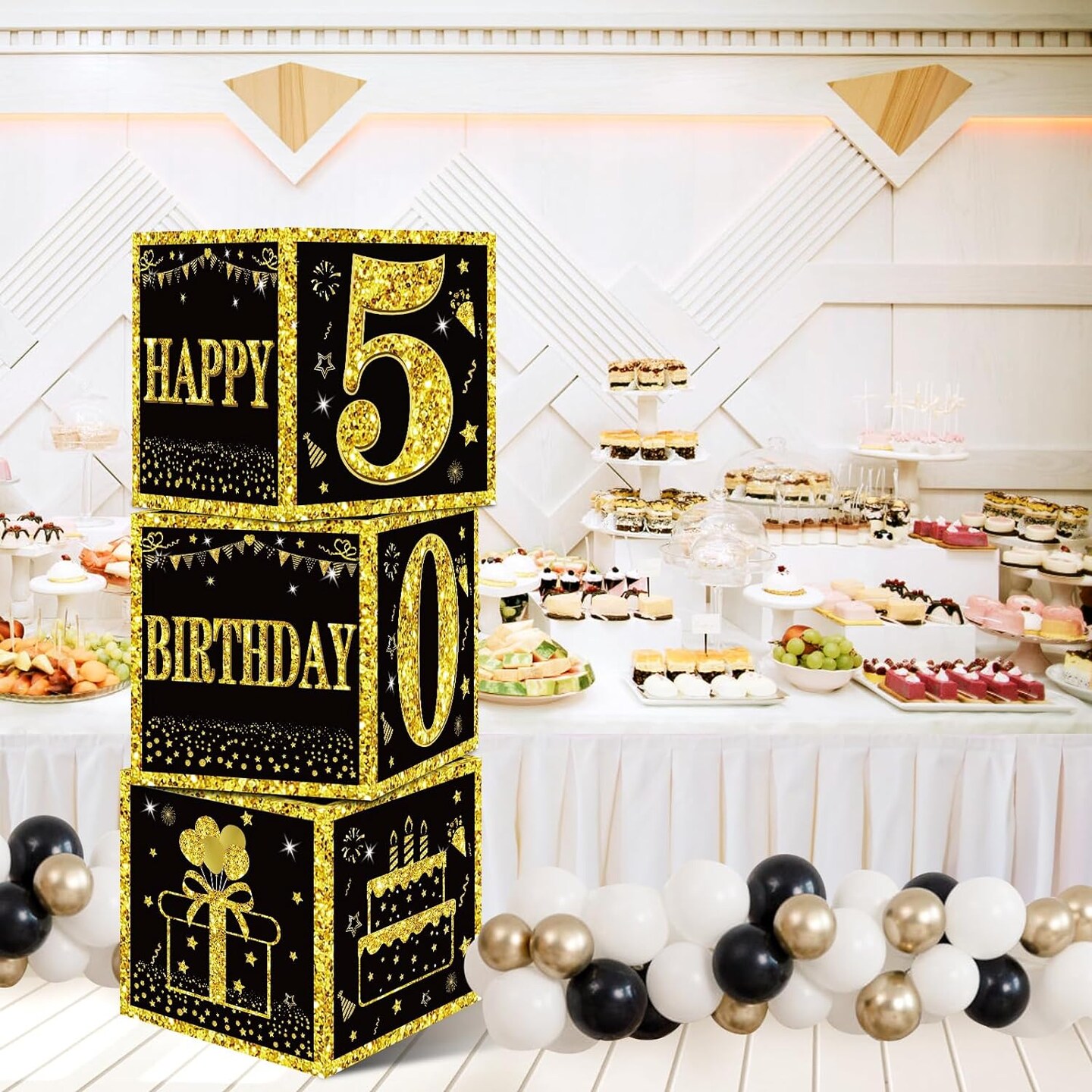 3pcs 50th Birthday Decorations Boxes for Men Women, Black Gold Happy 50 Birthday Balloons Boxes Party Supplies, 50 Year Old Bday Theme Cardboard Box