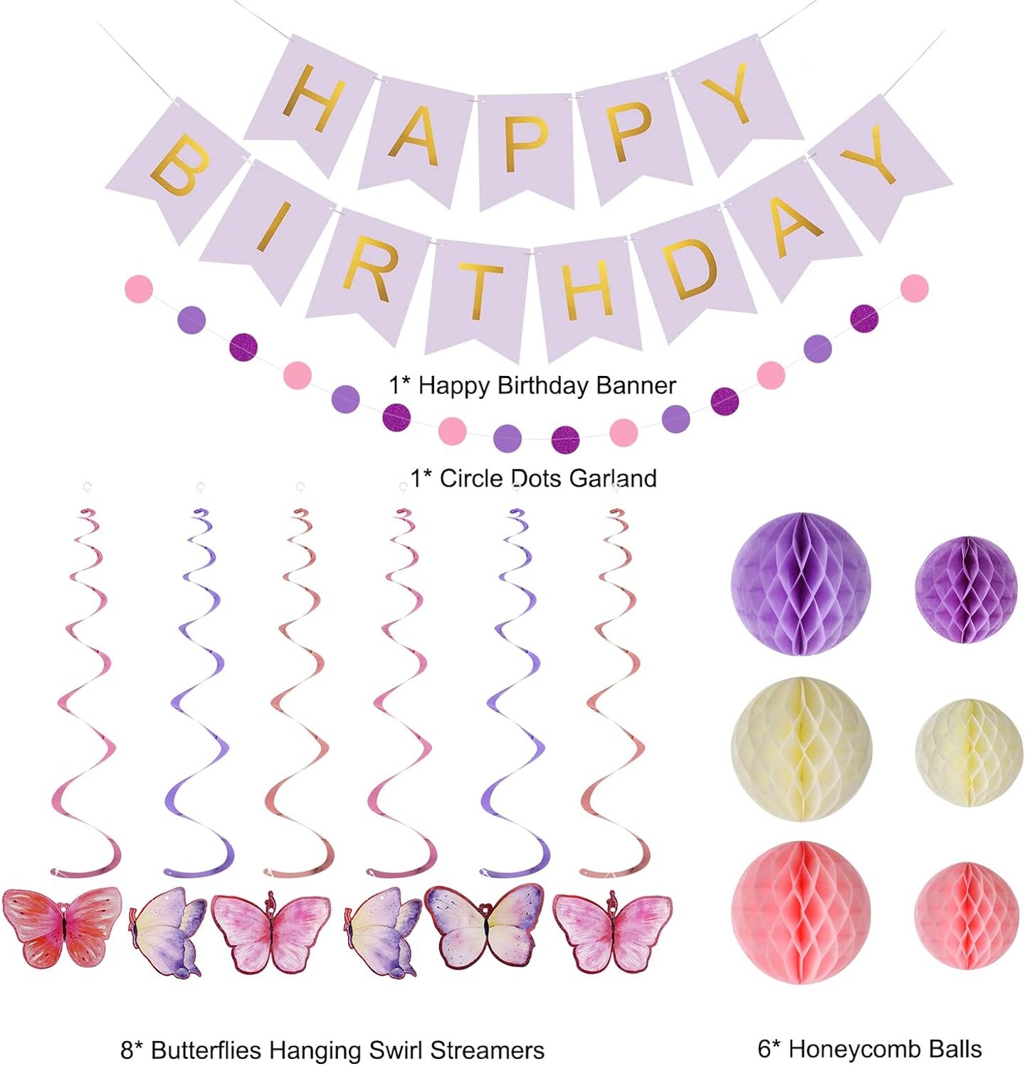 Purple Birthday Decorations - Purple Happy Birthday Banner with Honeycomb Ball, Butterflies Hanging Swirl Streamer, Circle Dot Garland Decoration - Birthday Party Decoration for Women Girl