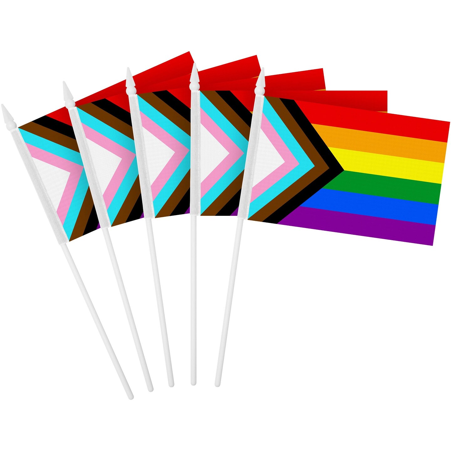 G128 50 Pack Handheld LGBT Progress Rainbow Pride Stick Flags | 4x6 In | Printed 150D Polyester, Social Flag, Solid Plastic Stick, Spear White Tip
