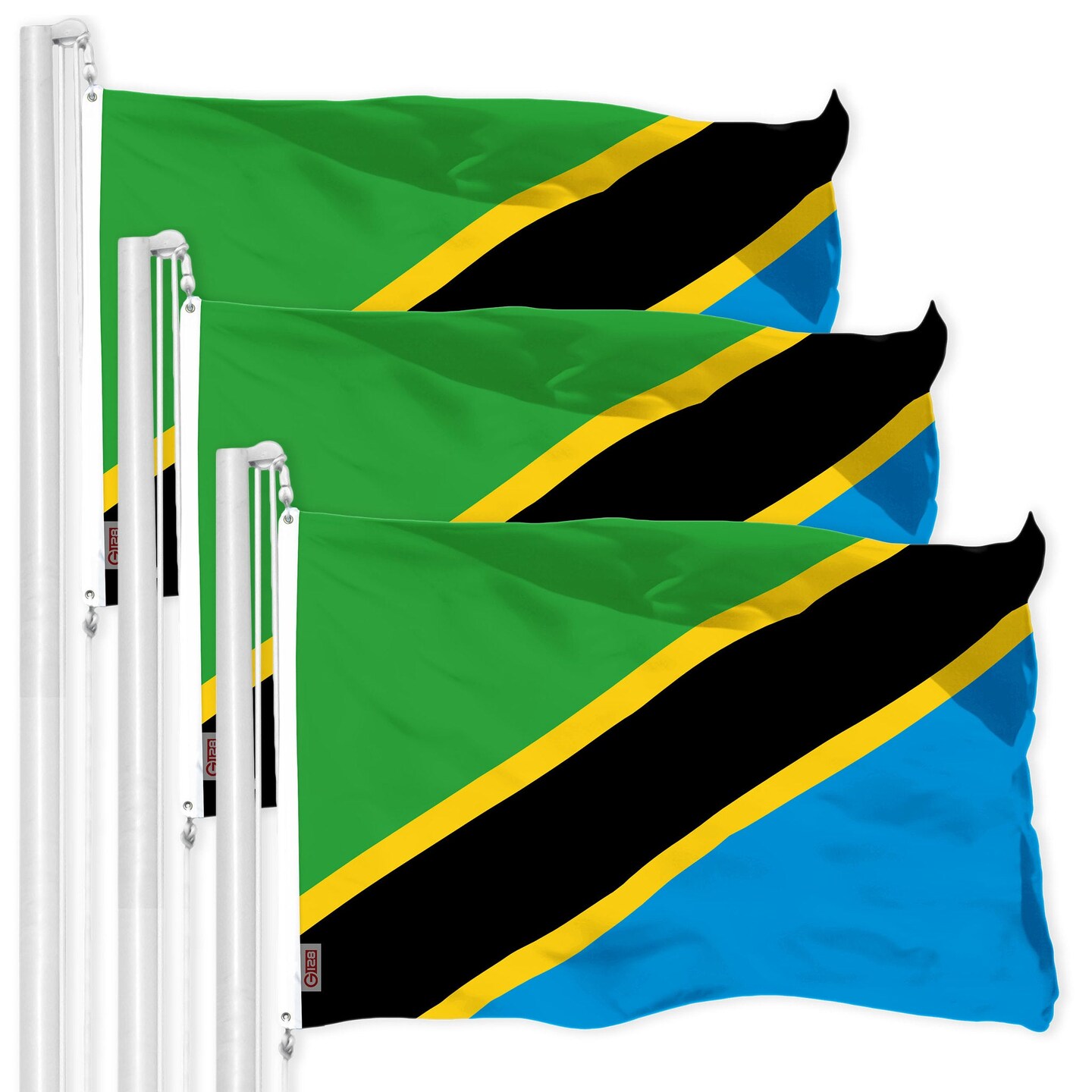 G128 3 Pack: Tanzania Tanzanian Flag | 3x5 Ft | LiteWeave Pro Series Printed 150D Polyester | Country Flag, Indoor/Outdoor, Vibrant Colors, Brass Grommets, Thicker and More Durable Than 100D 75D Poly
