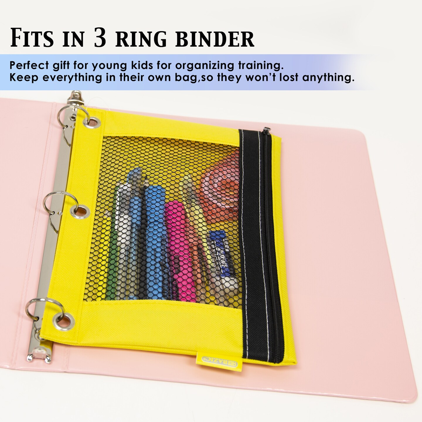 BAZIC Pencil Pouch 3-Ring Bright Color w/ Mesh Window
