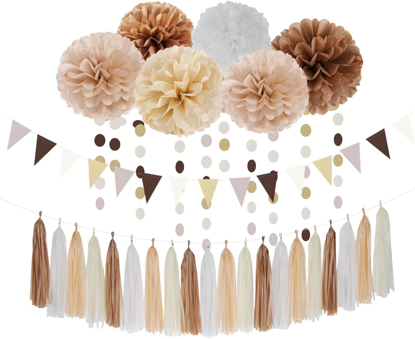 Baby-Shower White-Brown Champagne Party-Decorations - 28pcs Neutral Birthday Wedding Bridal Tissue Pom Poms Streamers, Fall Autumn Christmas Tassel Garland Banner, Engagement Decor