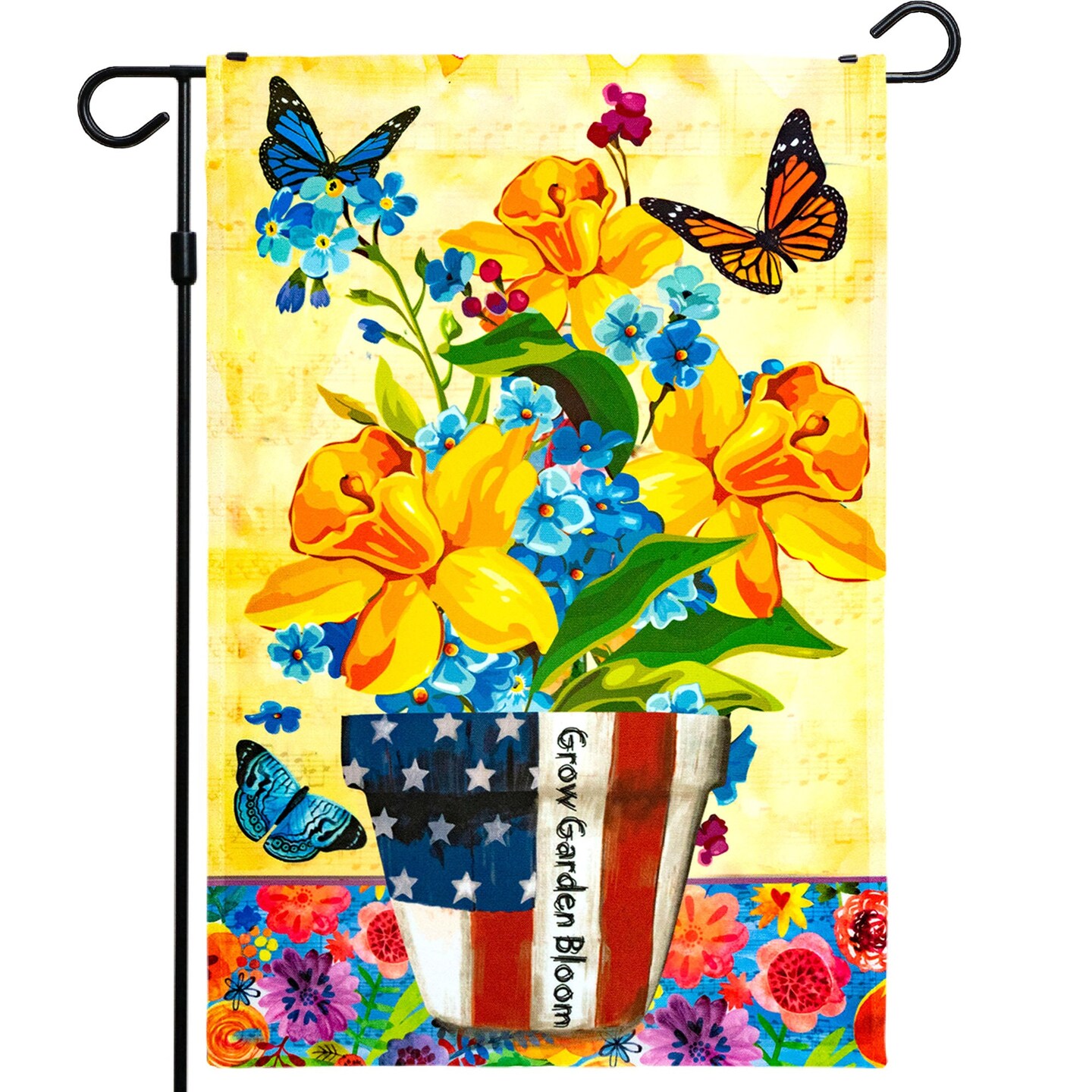 G128 - Grow Garden Spring Bloom USA Patriotic Flower Pot with Butterflies Garden Flag | 12x18 Inch | Printed 150D Polyester - Rustic Holiday Seasonal Outdoor Flag
