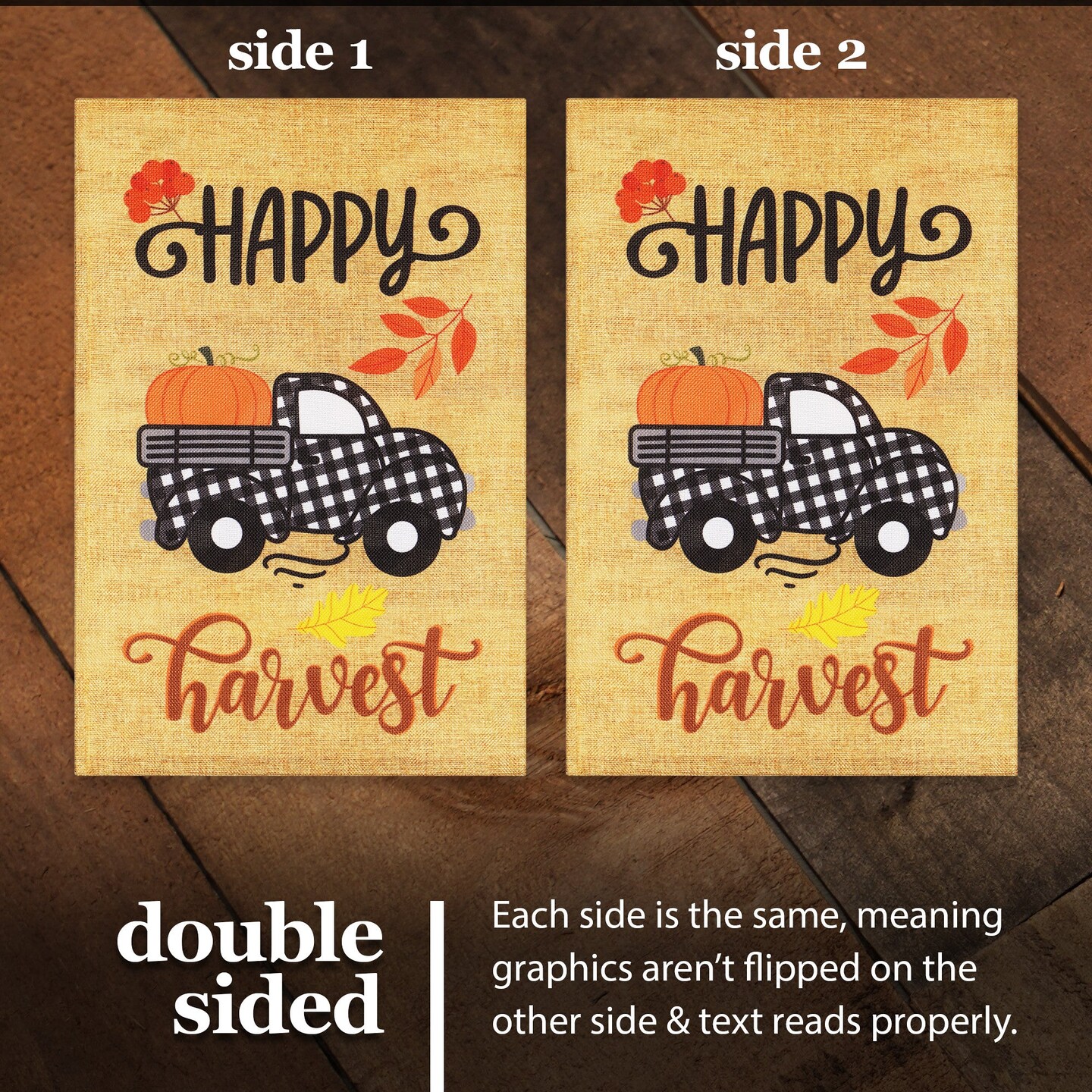 G128 Garden Flag Happy Harvest Pumpkin in Truck Bed | 12x18 Inch | Printed Burlap Polyester - Fall Decoration
