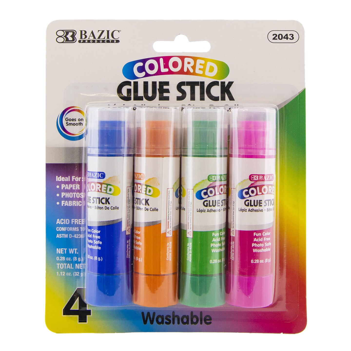 BAZIC Glue Stick Washable 4 Colored 0.28 oz (8g)