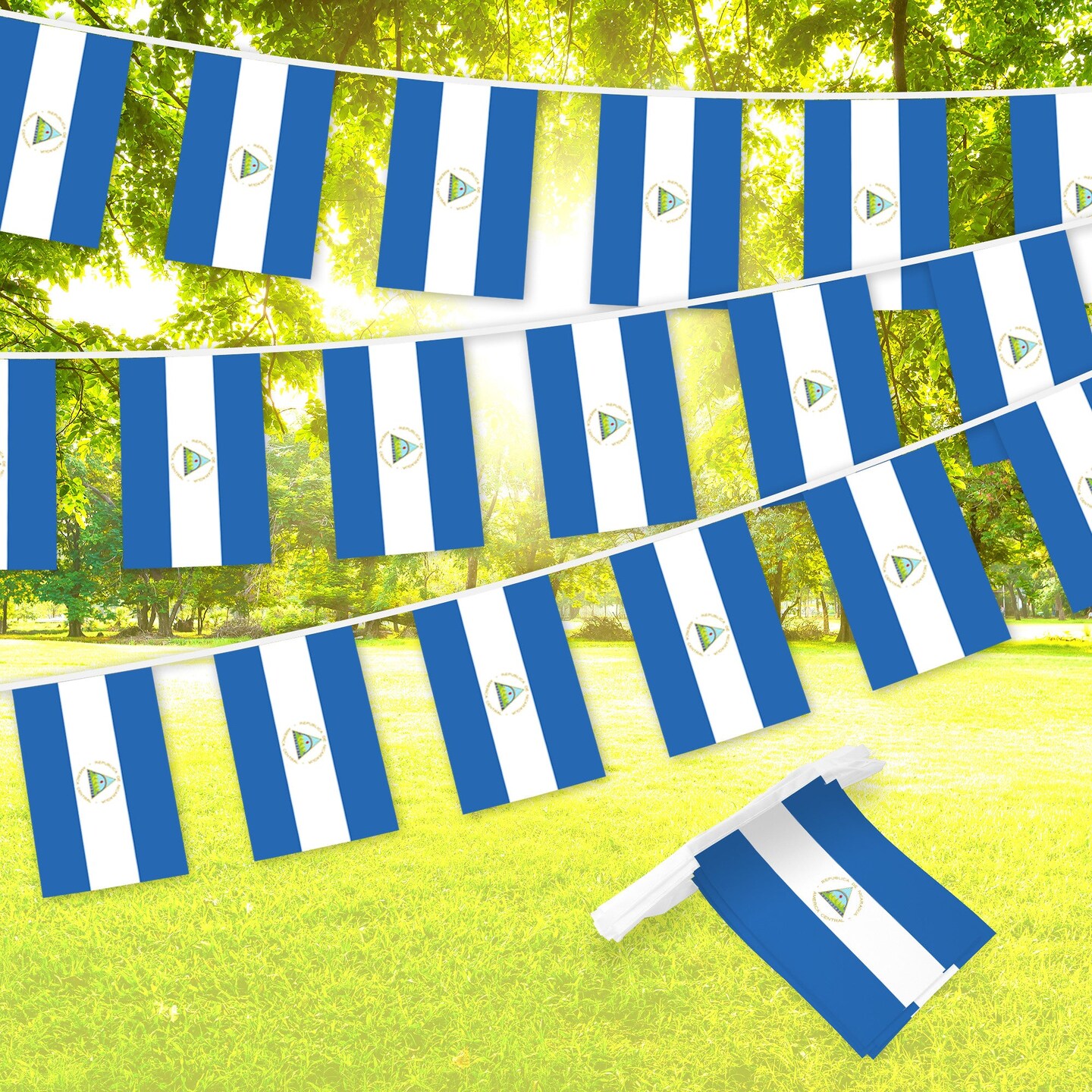 G128 Nicaragua Nicaraguan Bunting Banner | Flag 8.2 x 5.5 Inch, Full String 33 Feet | Printed 150D Polyester, Decorations For Bar, School, Festival Events Celebration