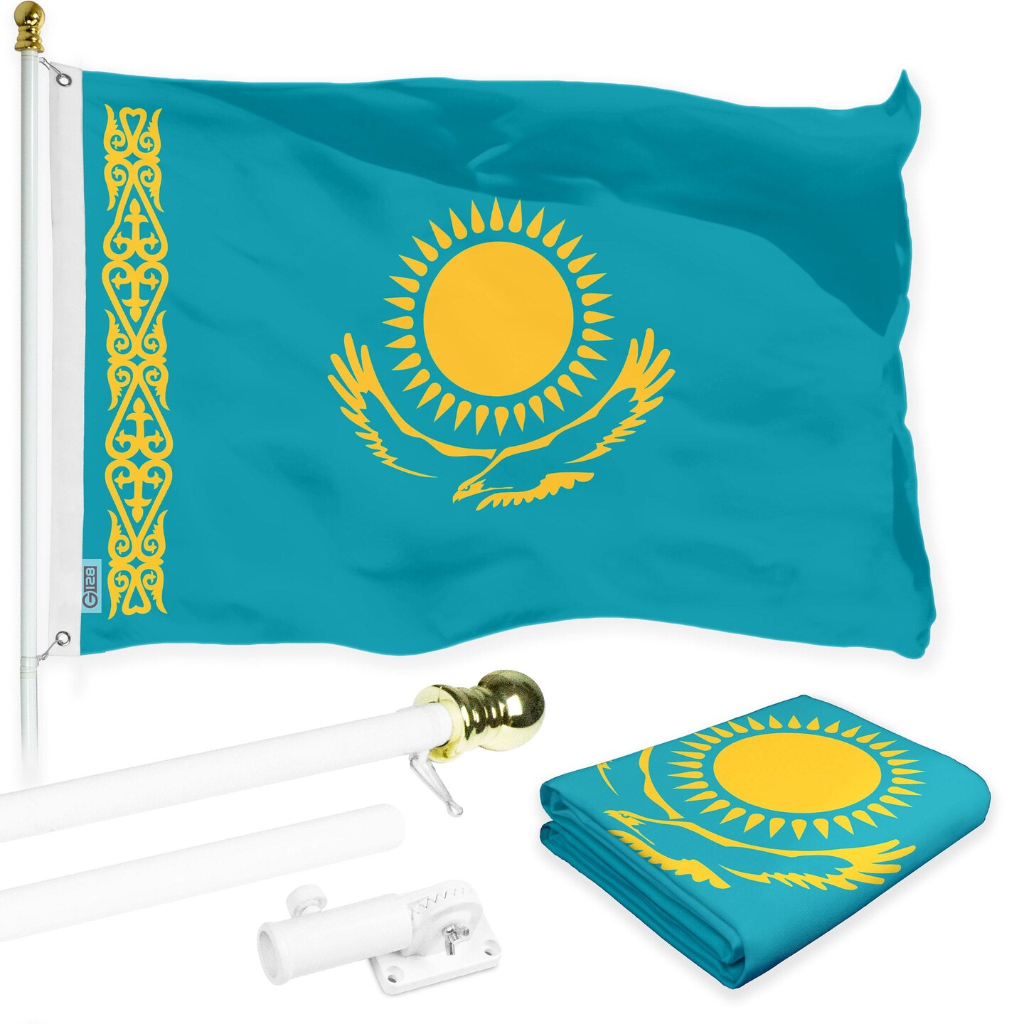 G128 Combo Pack: 6 Ft Tangle Free Aluminum Spinning Flagpole (White) &#x26; Kazakhstan Kazakhstani Flag  3x5 Ft LiteWeave Pro Series Printed 150D Polyester | Pole with Flag Included