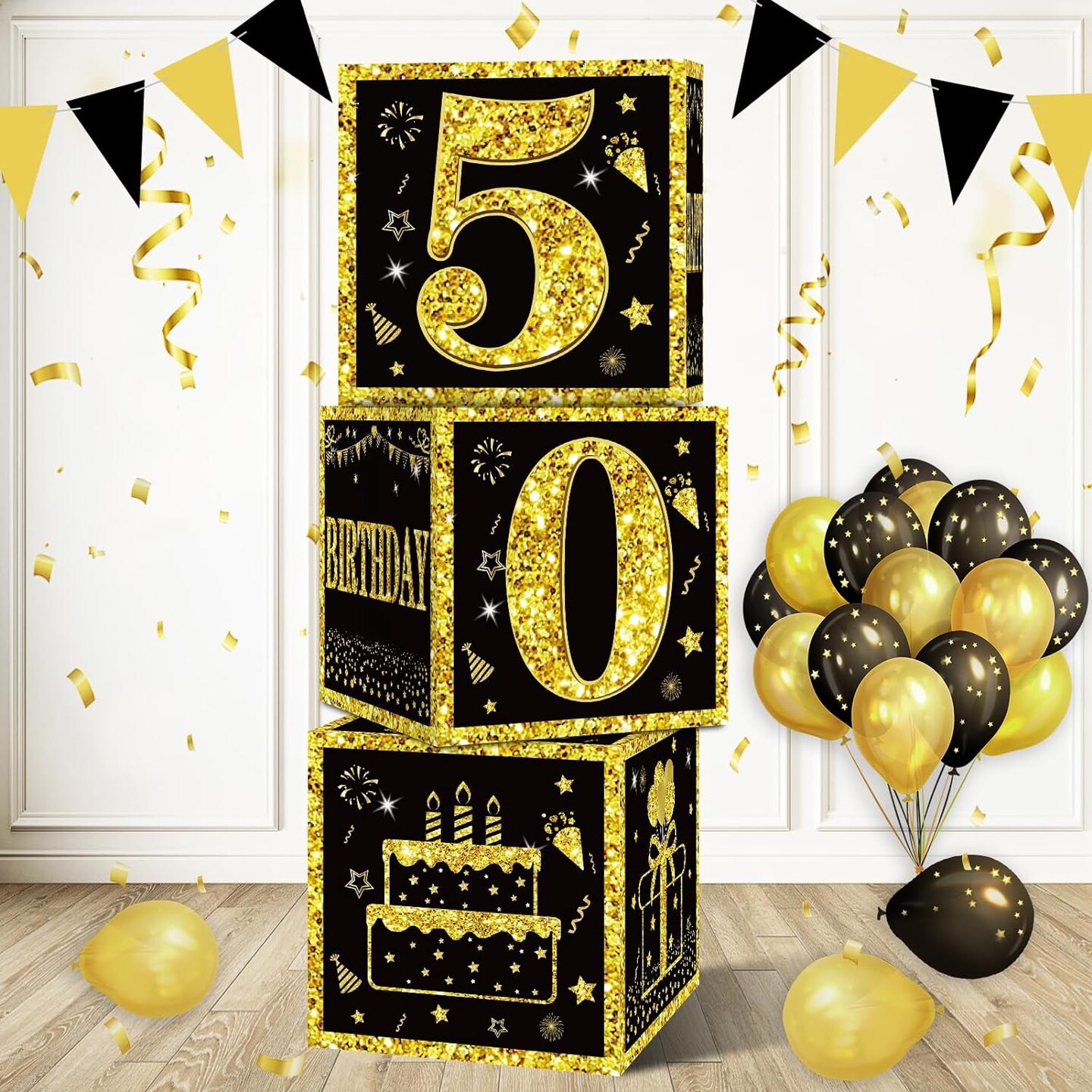 3pcs 50th Birthday Decorations Boxes for Men Women, Black Gold Happy 50 Birthday Balloons Boxes Party Supplies, 50 Year Old Bday Theme Cardboard Box