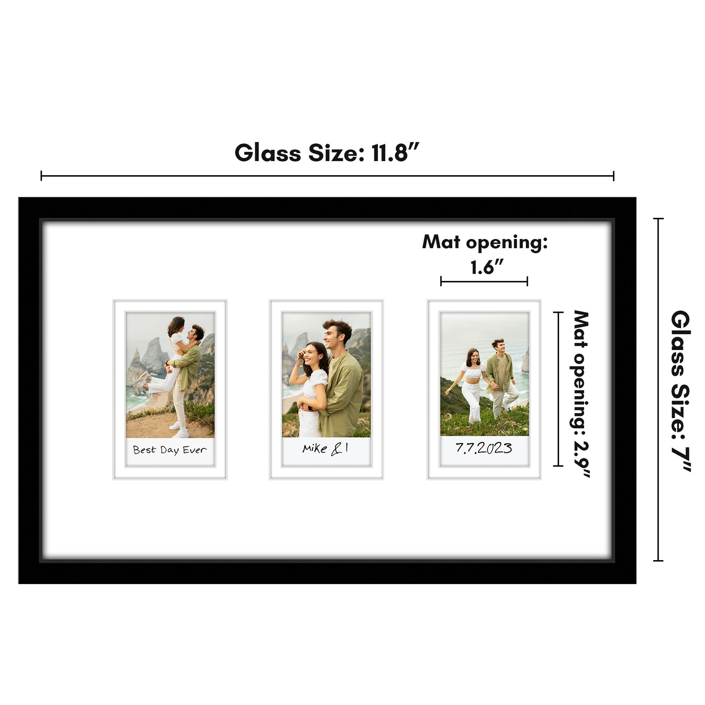 Americanflat 7x12 Mini Instant Photo Collage Picture Frame with 3 Openings for 2.1x3.4 Photos - Double White Mat - Instax Mini Photo Frame - Shatter Resistant Glass - Hanging Hardware with Easel - Black