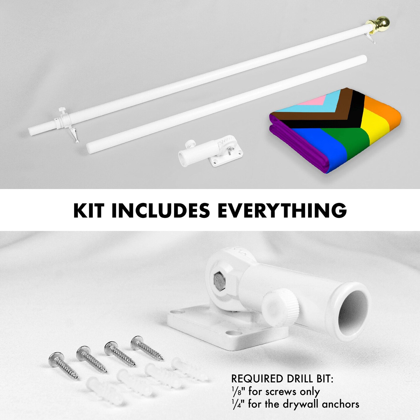 G128 Combo Pack: 6 Ft Tangle Free Aluminum Spinning Flagpole (White) &#x26; LGBT Progress Rainbow Pride Flag 3x5 Ft, LiteWeave Pro Series Printed 150D Polyester | Pole with Flag Included