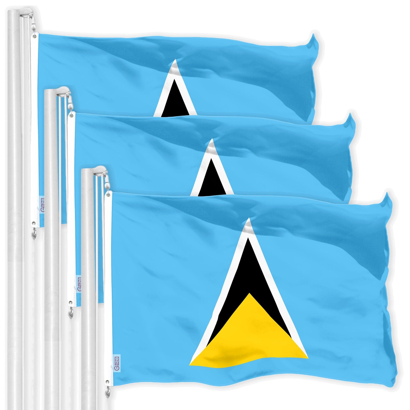 G128 3 Pack: Saint Lucia Saint Lucian Flag | 3x5 Ft | LiteWeave Pro Series Printed 150D Poly | Country Flag, Indoor/Outdoor, Vibrant Colors, Brass Grommets, Thicker and More Durable Than 100D 75D Poly