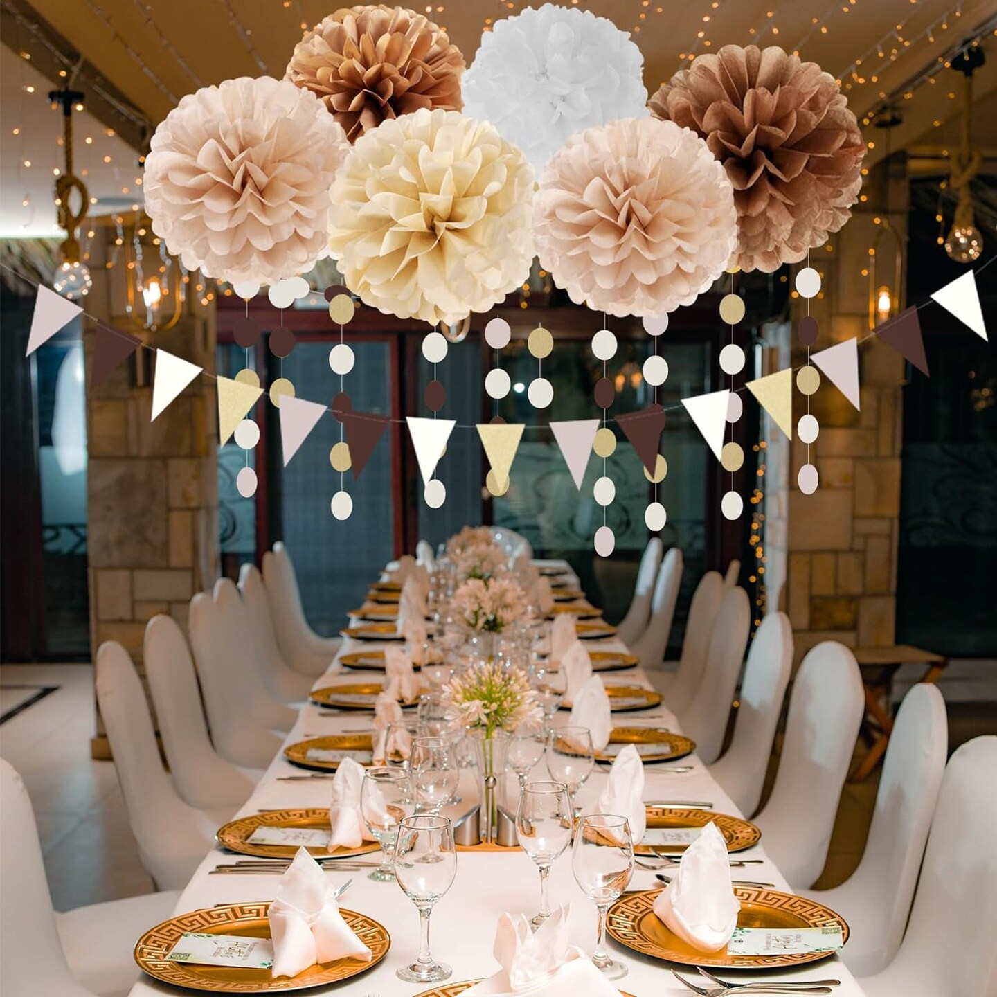 Baby-Shower White-Brown Champagne Party-Decorations - 28pcs Neutral Birthday Wedding Bridal Tissue Pom Poms Streamers, Fall Autumn Christmas Tassel Garland Banner, Engagement Decor