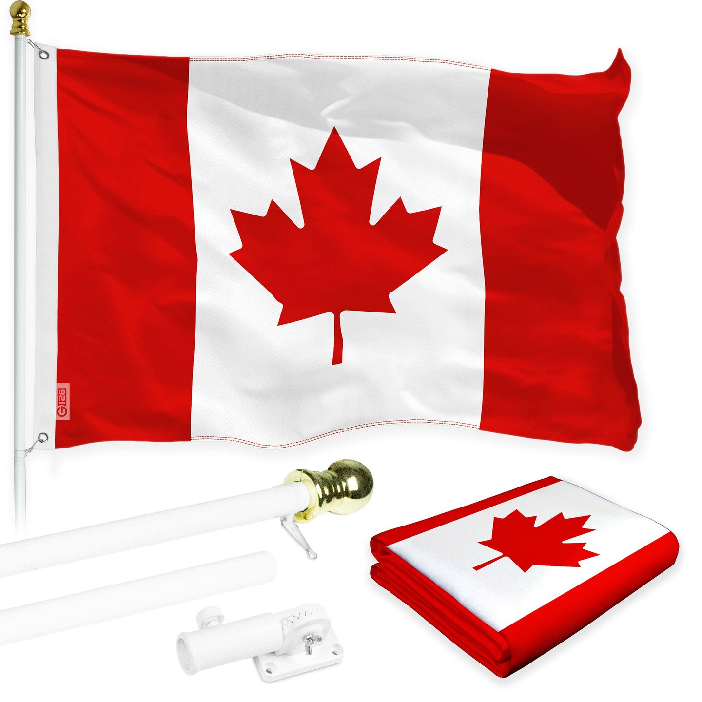 G128 Combo Pack: 5 Ft Tangle Free Aluminum Spinning Flagpole (White) &#x26; Canada Canadian Flag 2x3 Ft, LiteWeave Pro Series Printed 150D Polyester | Pole with Flag Included
