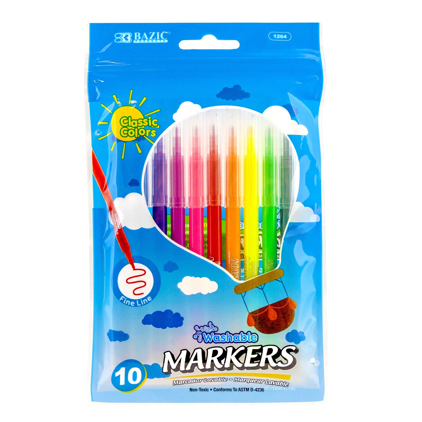 BAZIC Fine Line 10 Colors Washable Markers