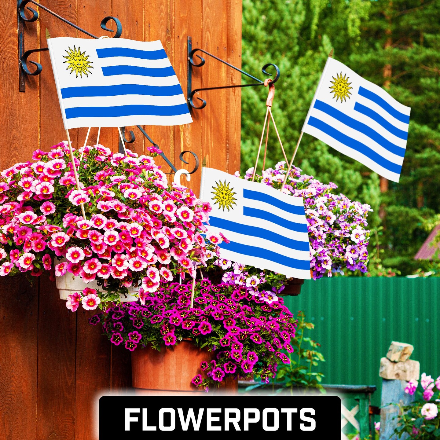 G128 12 Pack Handheld Uruguay Uruguayan Stick Flags | 12x18 In | Printed 150D Polyester, Country Flag, Solid Wooden Stick, Spear Gold Tip