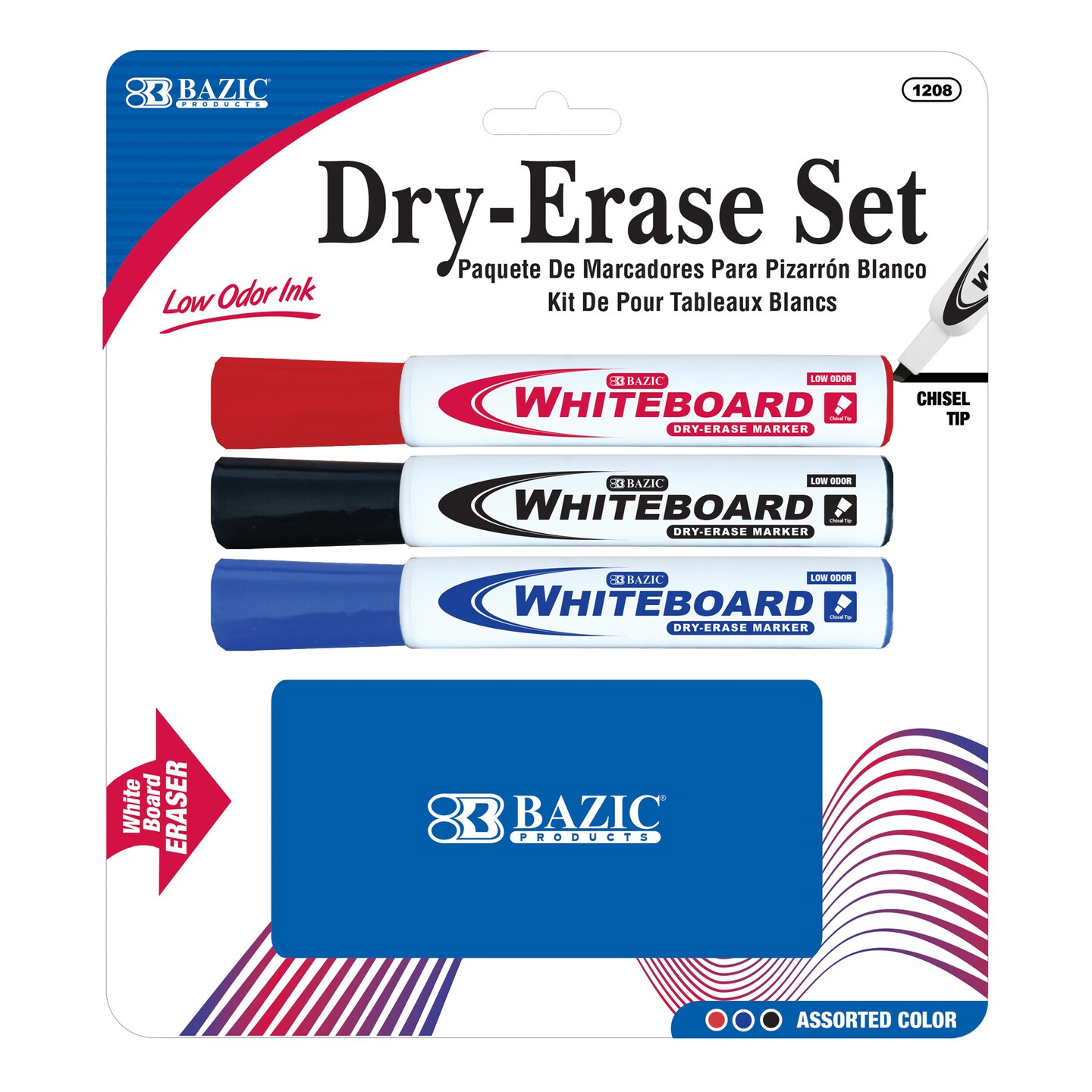 BAZIC Chisel Tip Assorted 3 Color Dry Erase Marker w/ Eraser