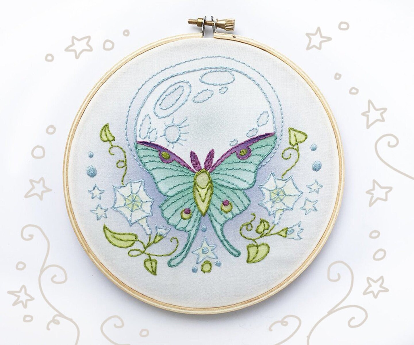 Luna Moth Butterfly Hand Embroidery Kit, DIY craft kit