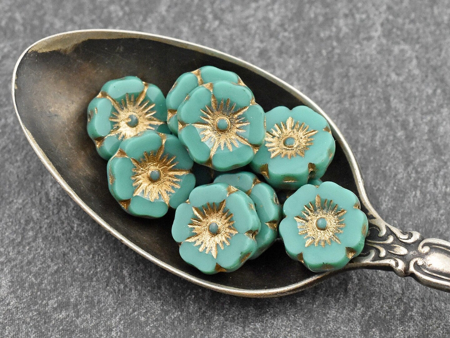 *12* 12mm Gold Washed Opaque Dark Turquoise Hawaiian Flower Beads