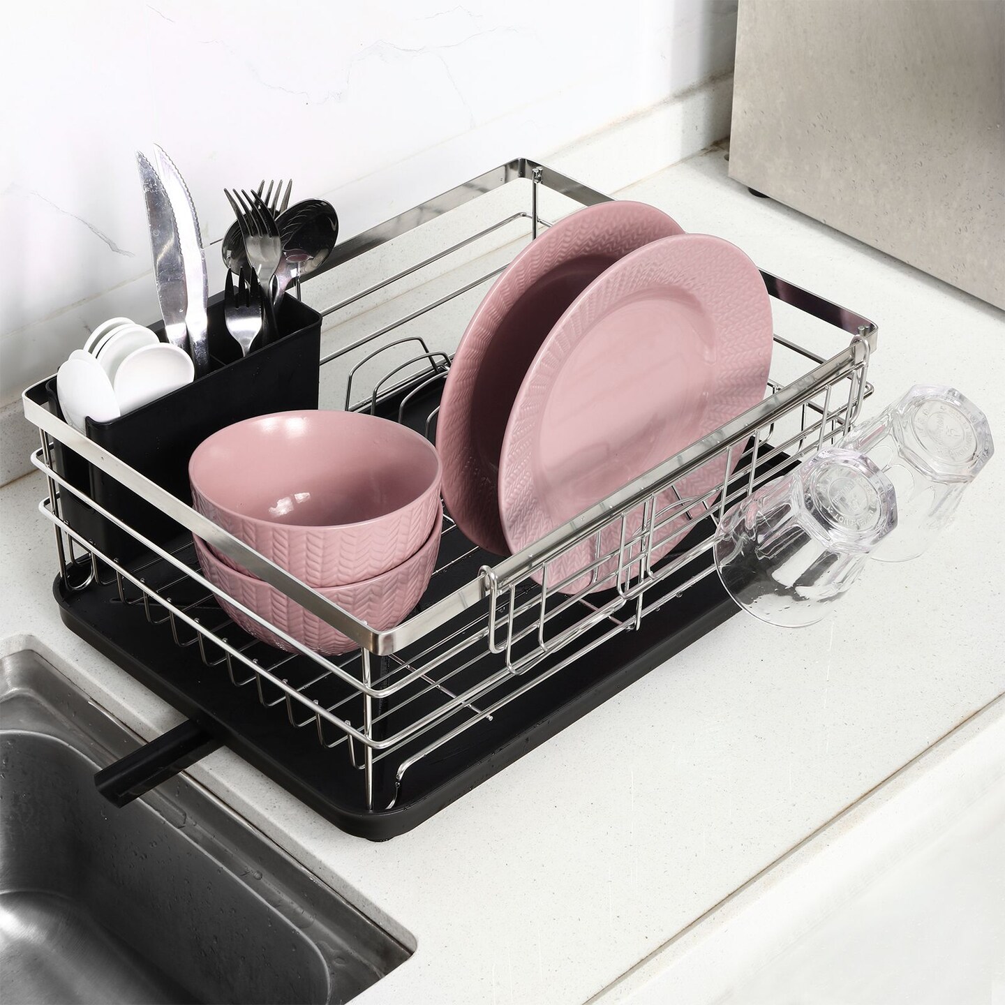Countertop Dish Drying Rack, Stainless Steel Dish Drainer with Utensil Holder