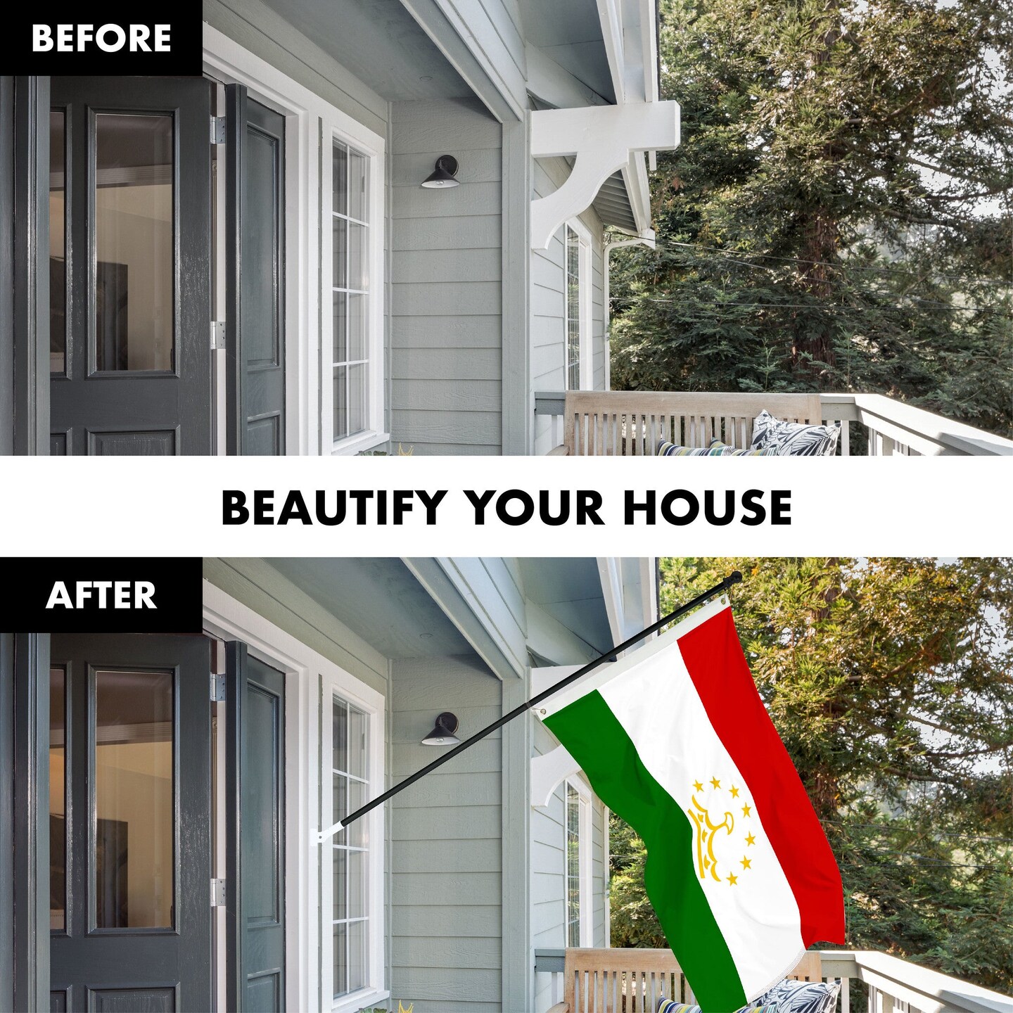 G128 Combo Pack: 6 Ft Tangle Free Spinning Flagpole (Black) &#x26; Tajikistan Flag 3x5 Ft Printed 150D Polyester, Brass Grommets (Flag Included) Aluminum Flag Pole