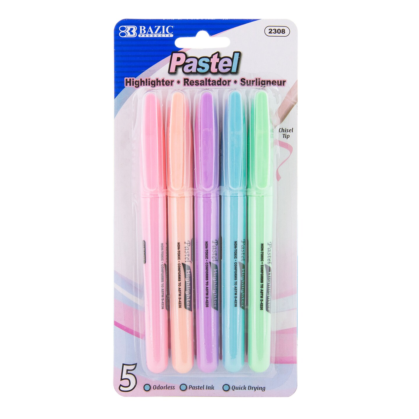 BAZIC Pen Style Pastel Assorted Colors Highlighter w/ Pocket Clip (5/Pack)