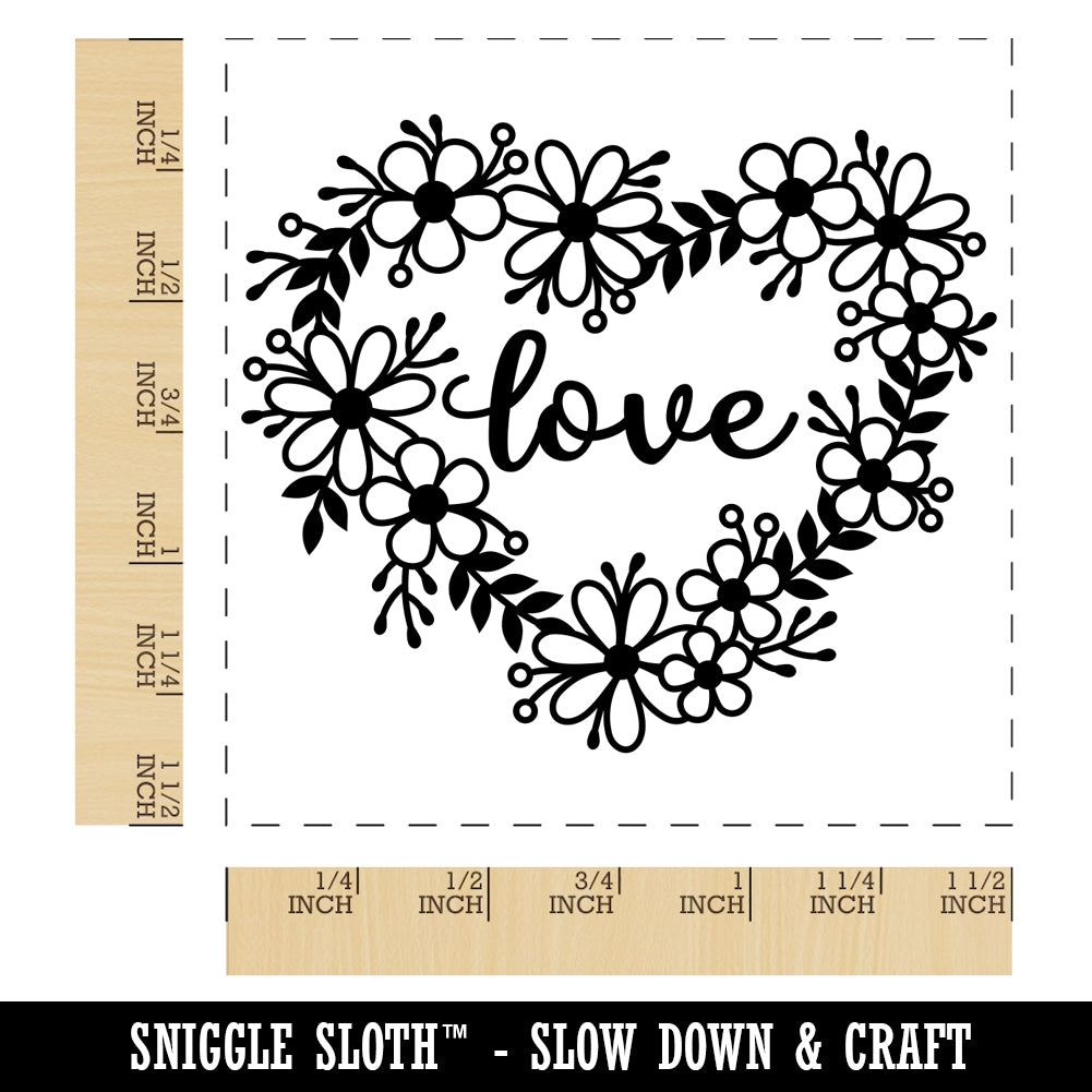 Love Script in Flower Heart Wreath Self-Inking Rubber Stamp Ink Stamper