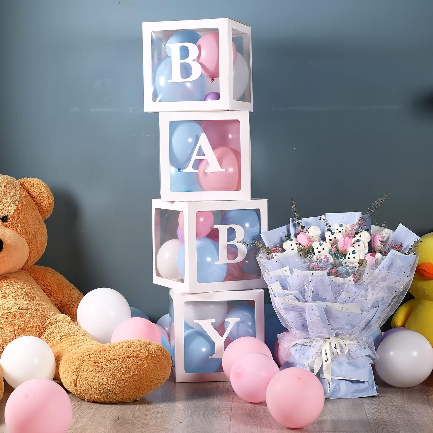 Baby Boxes with Letters for Baby Shower, Clear Baby Shower Decorations,Ballon Baby Blocks,Baby Shower Birthday Party,Gender Reveal,Reusable Favors In Giftbox, Baby Blocks(4Pcs White)