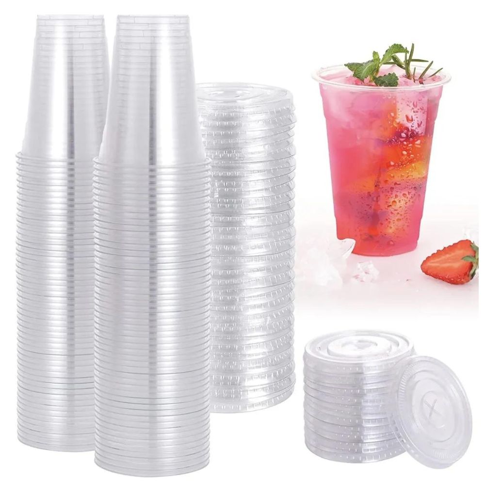 16 oz Clear Plastic Cups with Flat Lids and Straws Disposable