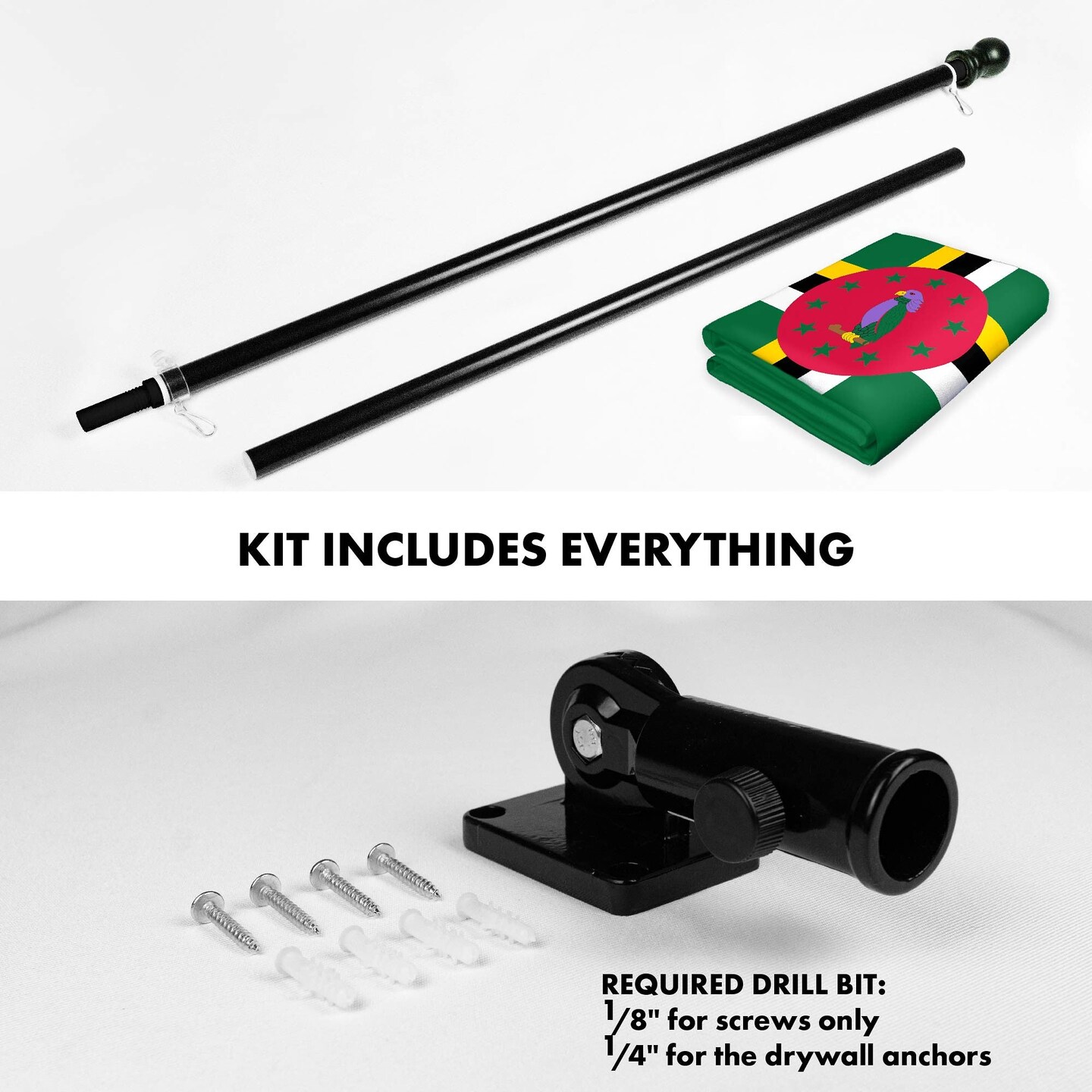 G128 Combo Pack: 6 Ft Tangle Free Aluminum Spinning Flagpole (Black) &#x26; Dominica Dominican Flag 3x5 Ft, LiteWeave Pro Series Printed 150D Polyester | Pole with Flag Included